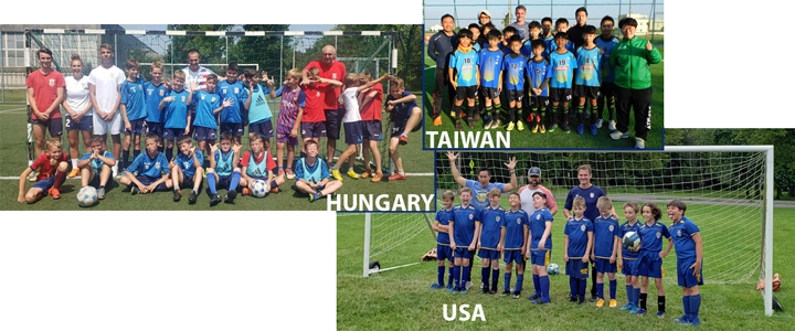 Three pictures of different moments merged into one big picture. Soccer teams around the world taking team pictures at the end of the seasson